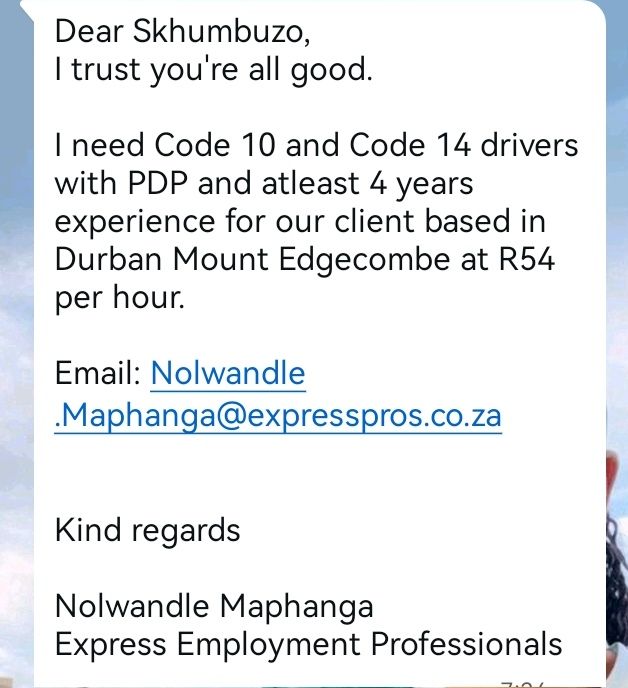 Skhumbuzo - 🗣️Jobs🔌🔌 Code 10 and 14 drivers.😀 Details are all on the ...
