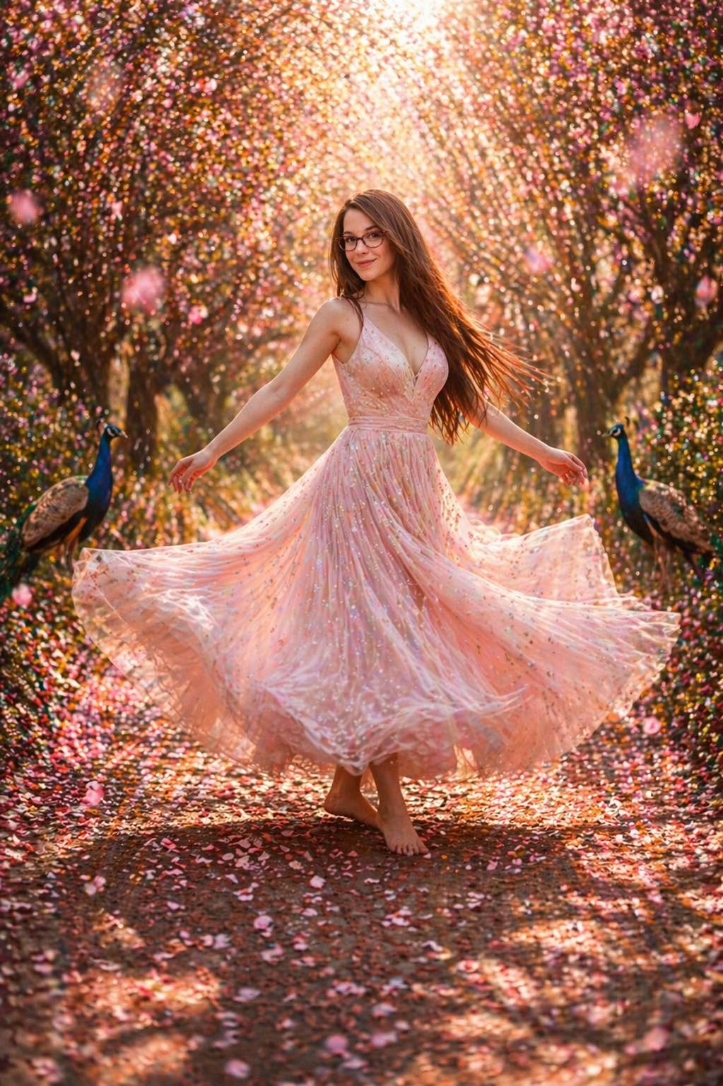 brown hair pink dress Prompt: create a stunningly beautiful woman with long flowing hair, she is wearing a long intricate flowing gown, she has a glow illuminating from her as she swings from a Color:Nevada (NO NAIL HEADS) this is the dress Buy Love & Roses Magnific corseted dresses