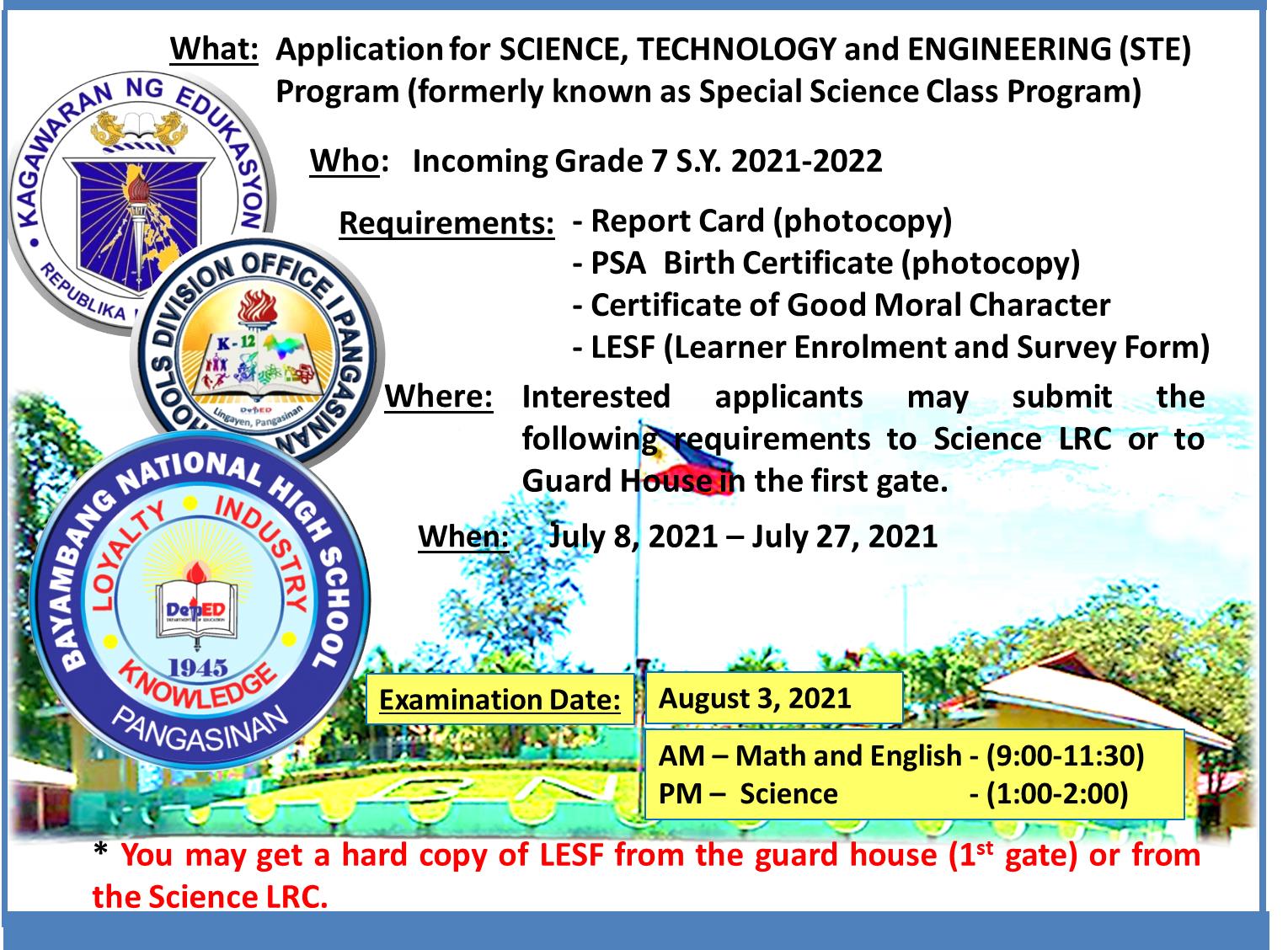 Application for SCIENCE,... - DepEd Tayo Bayambang NHS 300168 | Facebook