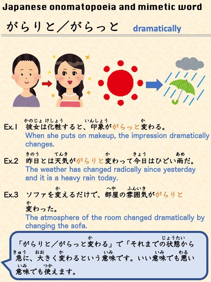 にほんごノート Japanese Language Note Japanese Onomatopoeia And Mimetic Word がらりと がらっと Dramatically あの人のことを暗い人だと思っていたけど 髪を切っただけで印象ががらりと変わった Facebook