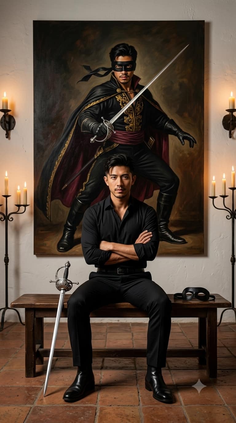 Modern Zorro portrait with Spanish rapier and mask