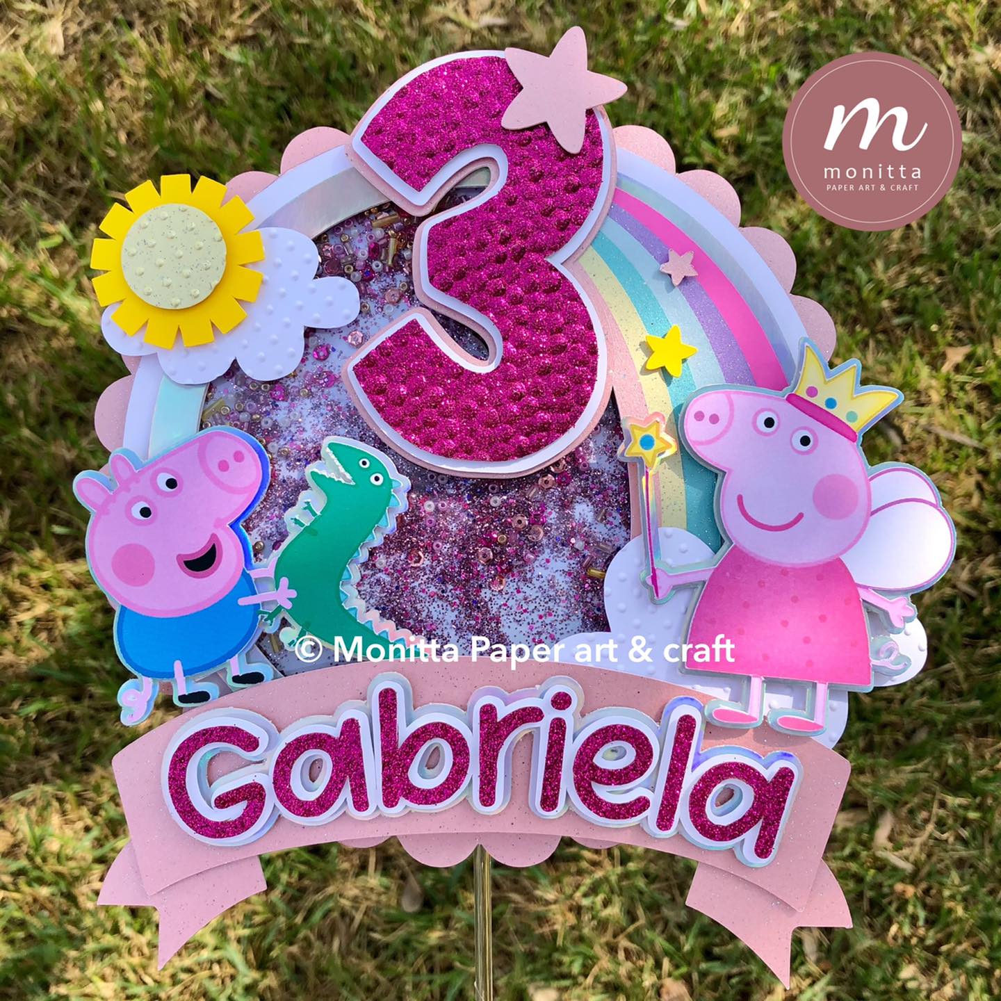 Cake Topper Peppa Pig Personalizzato Con Nome Ed Età, Shaker 3D Multicolore, Festa Compleanno - Foto 5