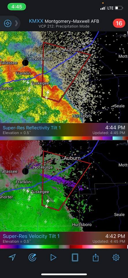 A tornado warning remains in effect for far southern Tallapoosa