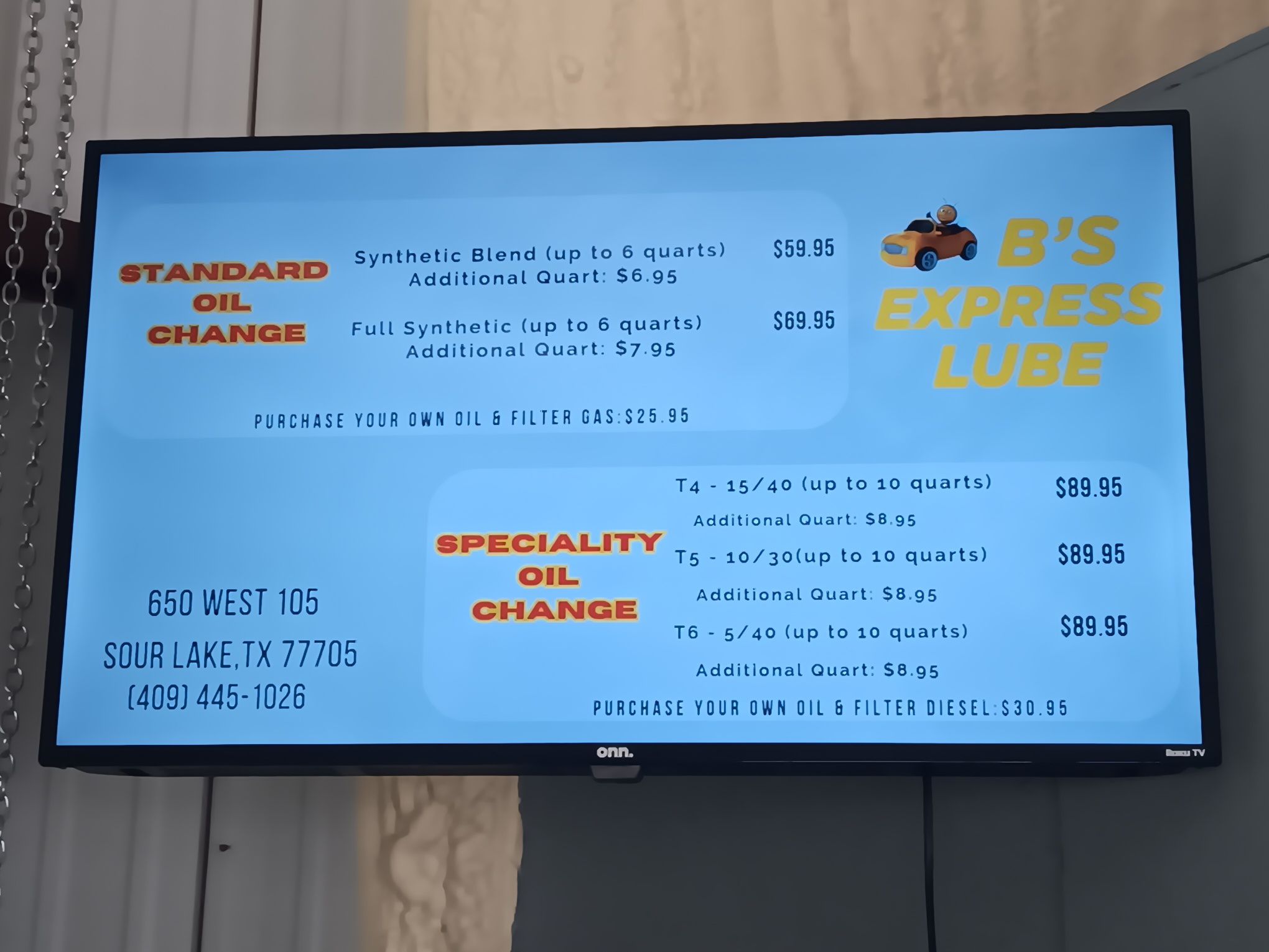 Oil change services available at BS Express Lube