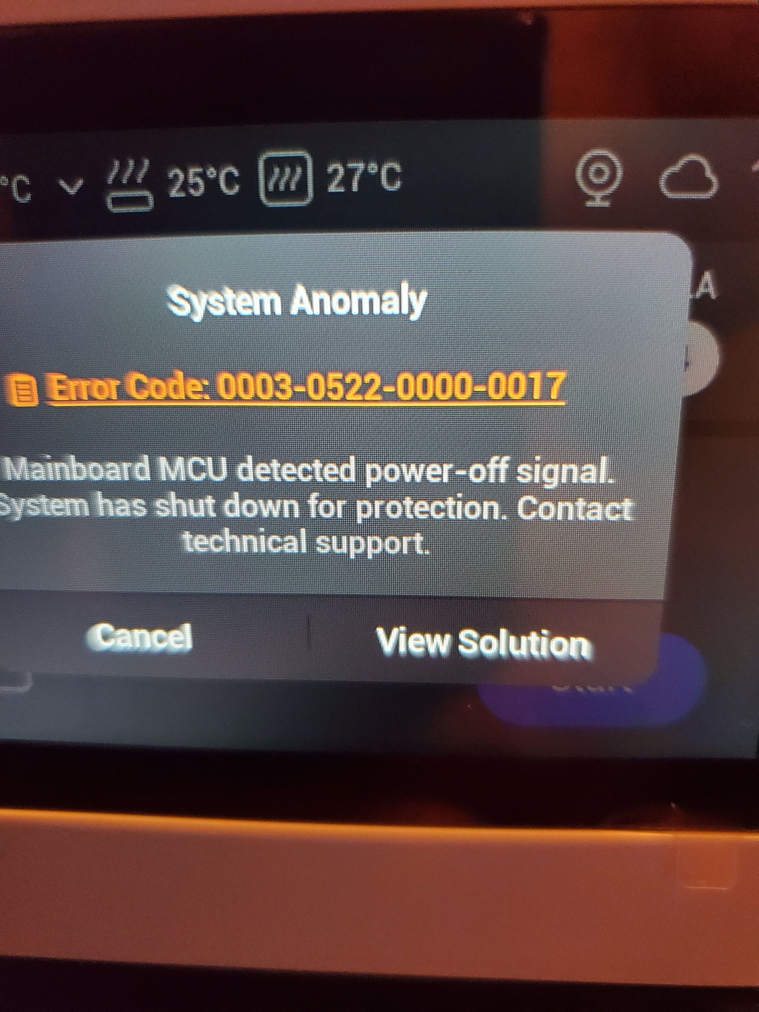 U1 3D printer error code 0003-0522-0000-0017 after 3 days