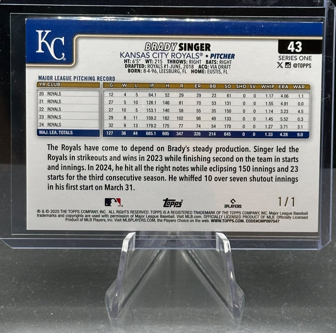 Brady Singer sports card with unique bird border