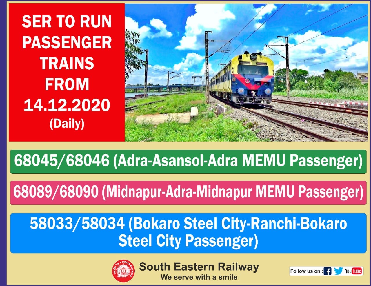 RUNNING OF PASSENGER TRAINS BY SER... - South Eastern Railway | Facebook