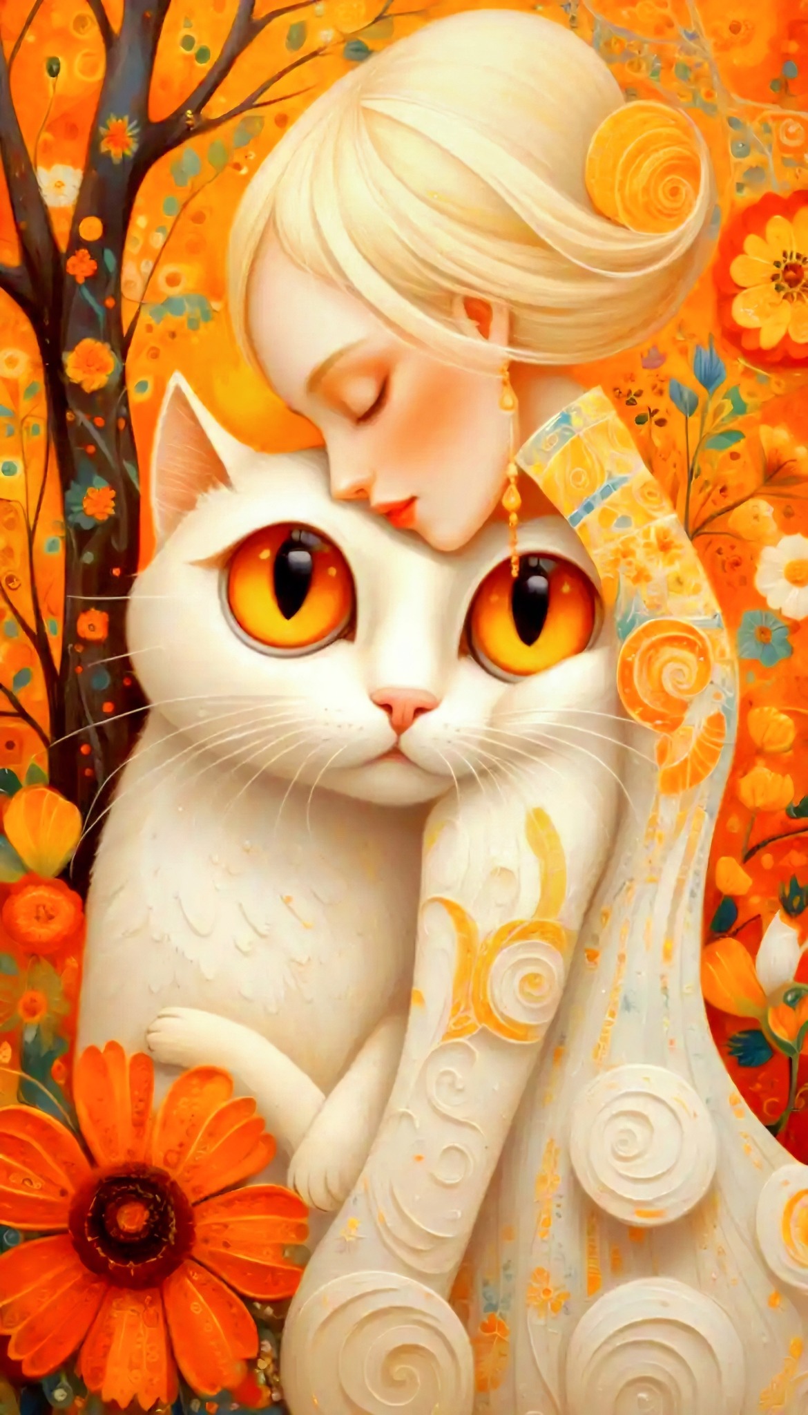 Woman with secrets and sunshine in a colorful world with her cat