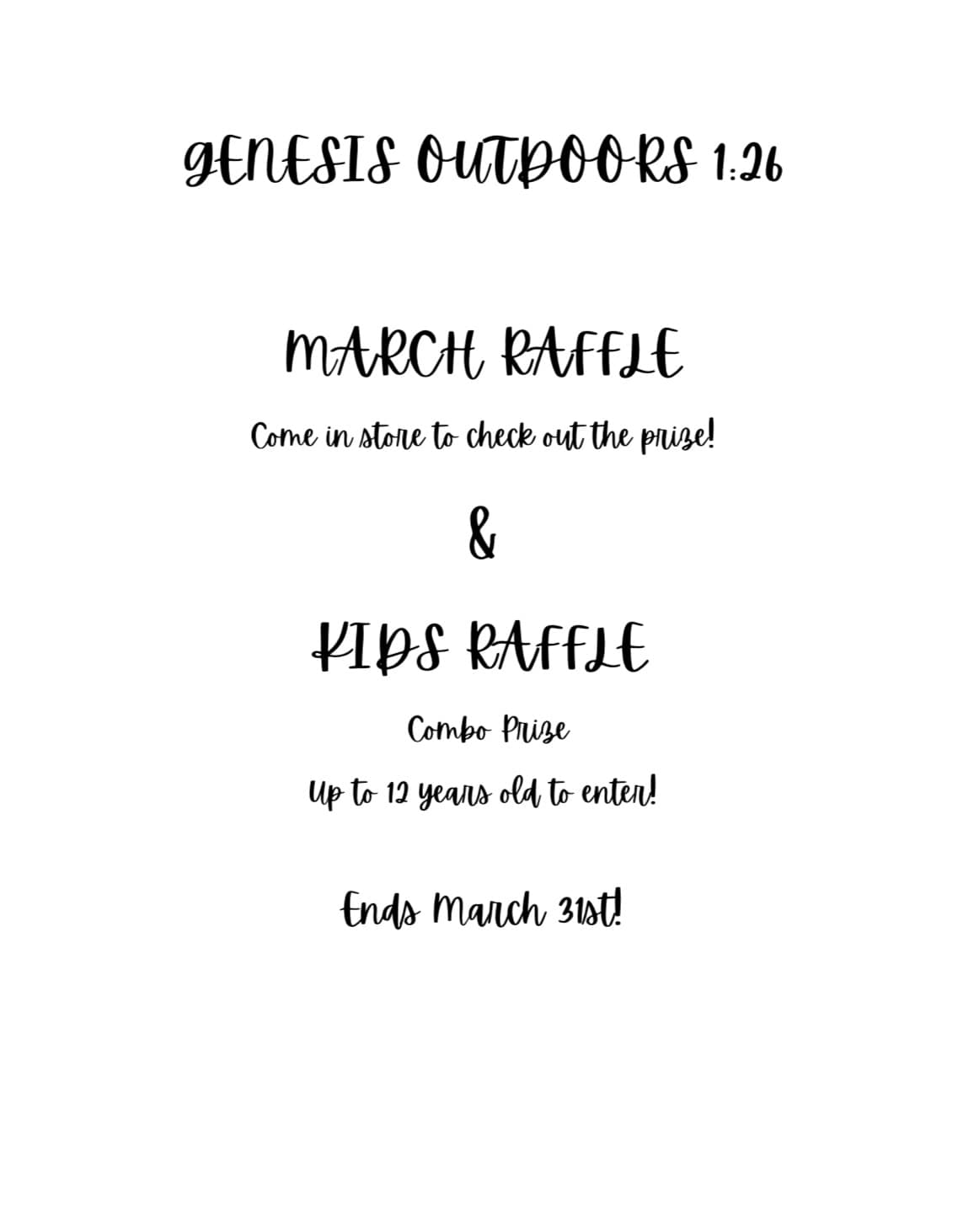 ⚡️DON’T FORGET OUR MARCH RAFFLE HAS... - Genesis Outdoors 126 | Facebook