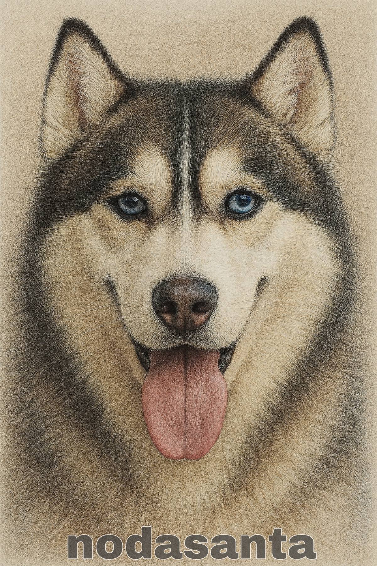 賢い牧羊犬 色鉛筆画 パステル シベリアンハスキー犬のケンちゃん20年以上前の色鉛筆画を元に新たに
