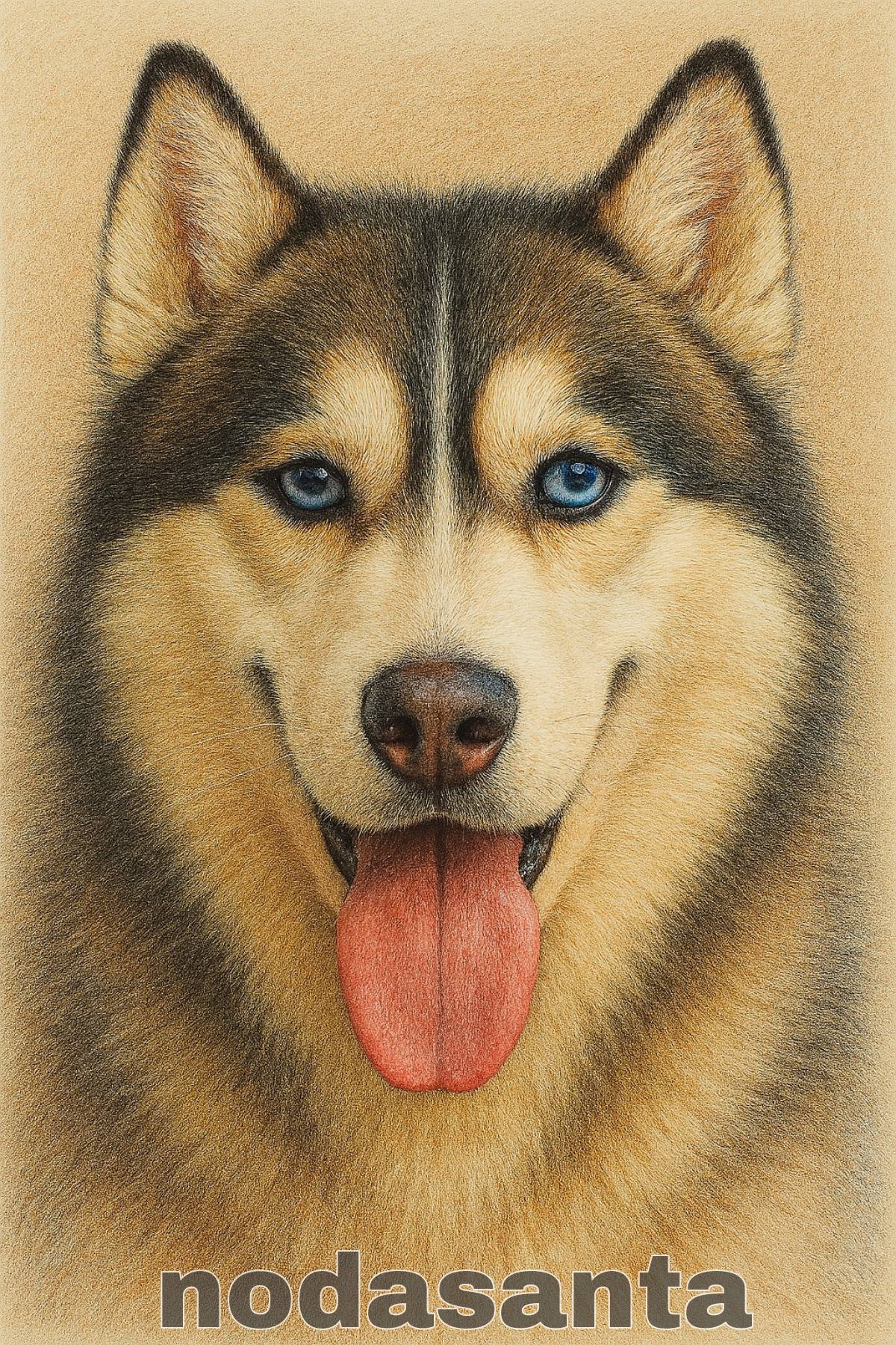 シベリアンハスキー犬のケンちゃん20年以上前の色鉛筆画を元に新たに