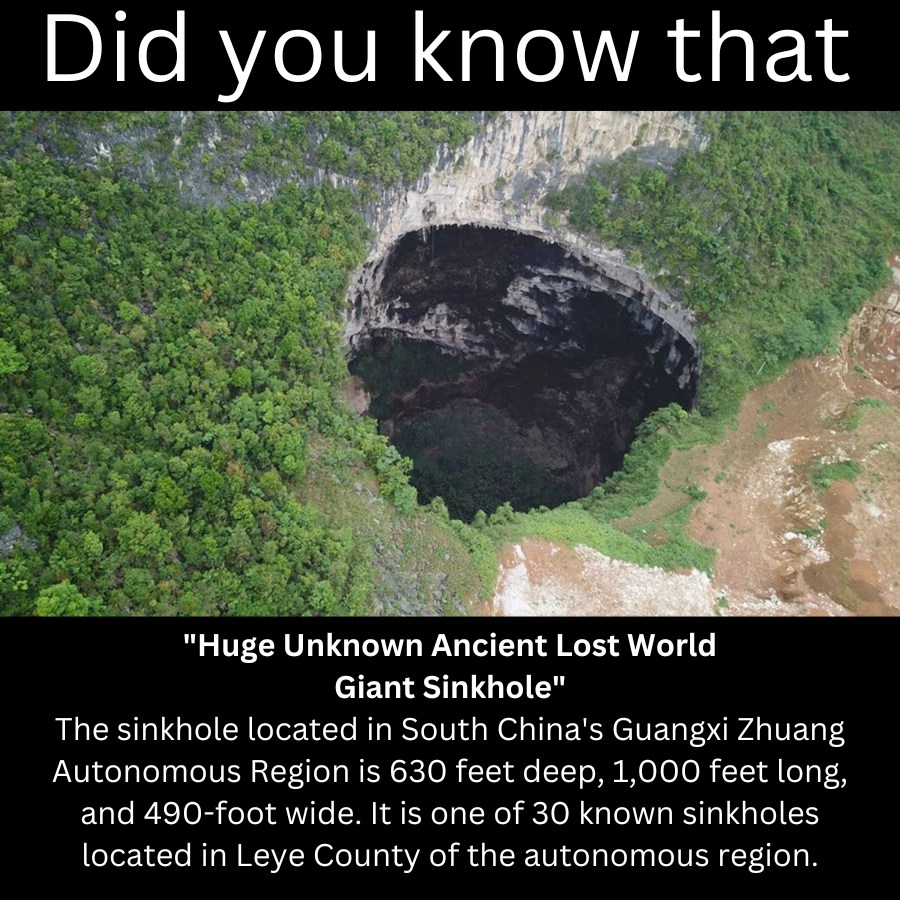 A 630 foot giant sinkhole has an ancient world with a forest in it
