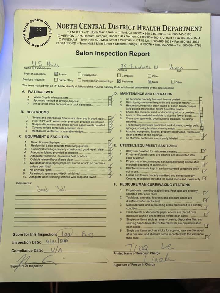 U.S. Nails - Here’s our annual health inspection report...