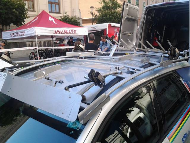 Professional cycling team roof racks which can carry up to 7 bikes