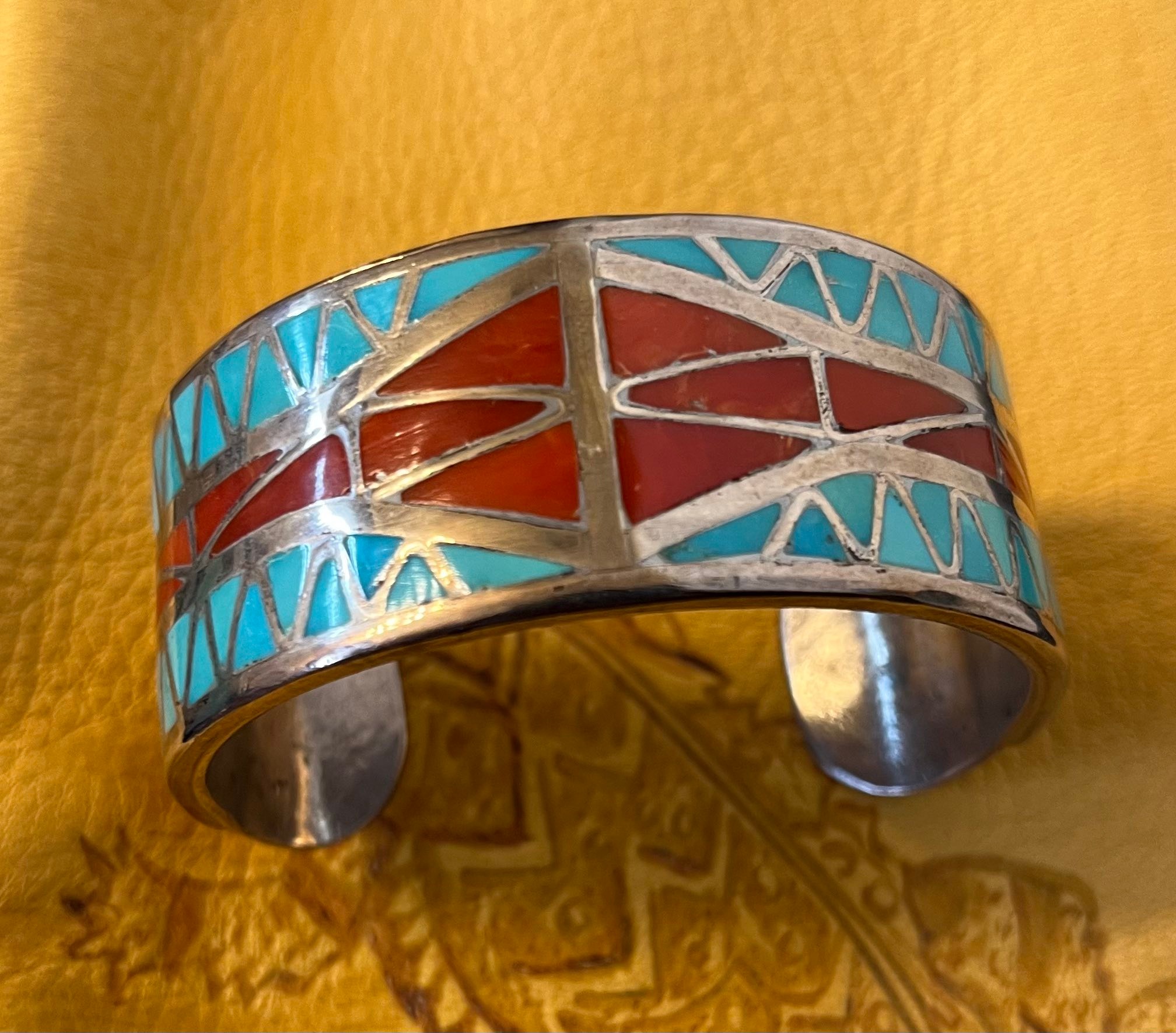 Vintage VMB cuff with turquoise and coral inlay for sale