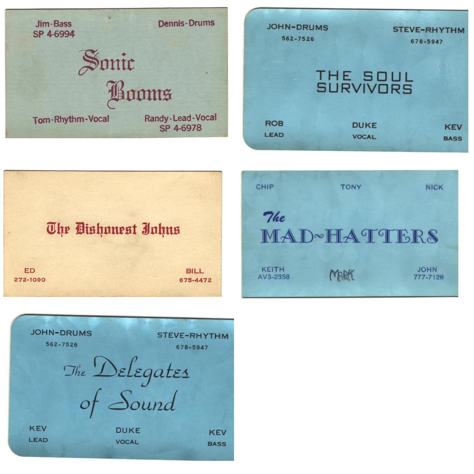 Vintage Chicago rock band business cards from 1960s and 1970s