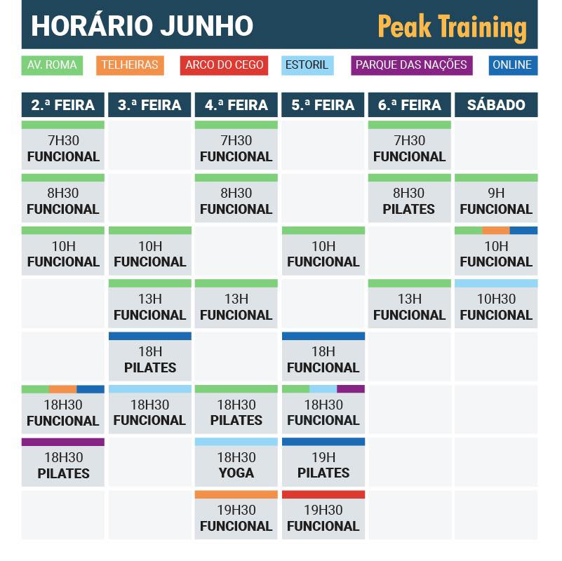 PEAK Training - Mapa de aulas para Junho 🌳 🏃 ☀️ Com 32... | Facebook