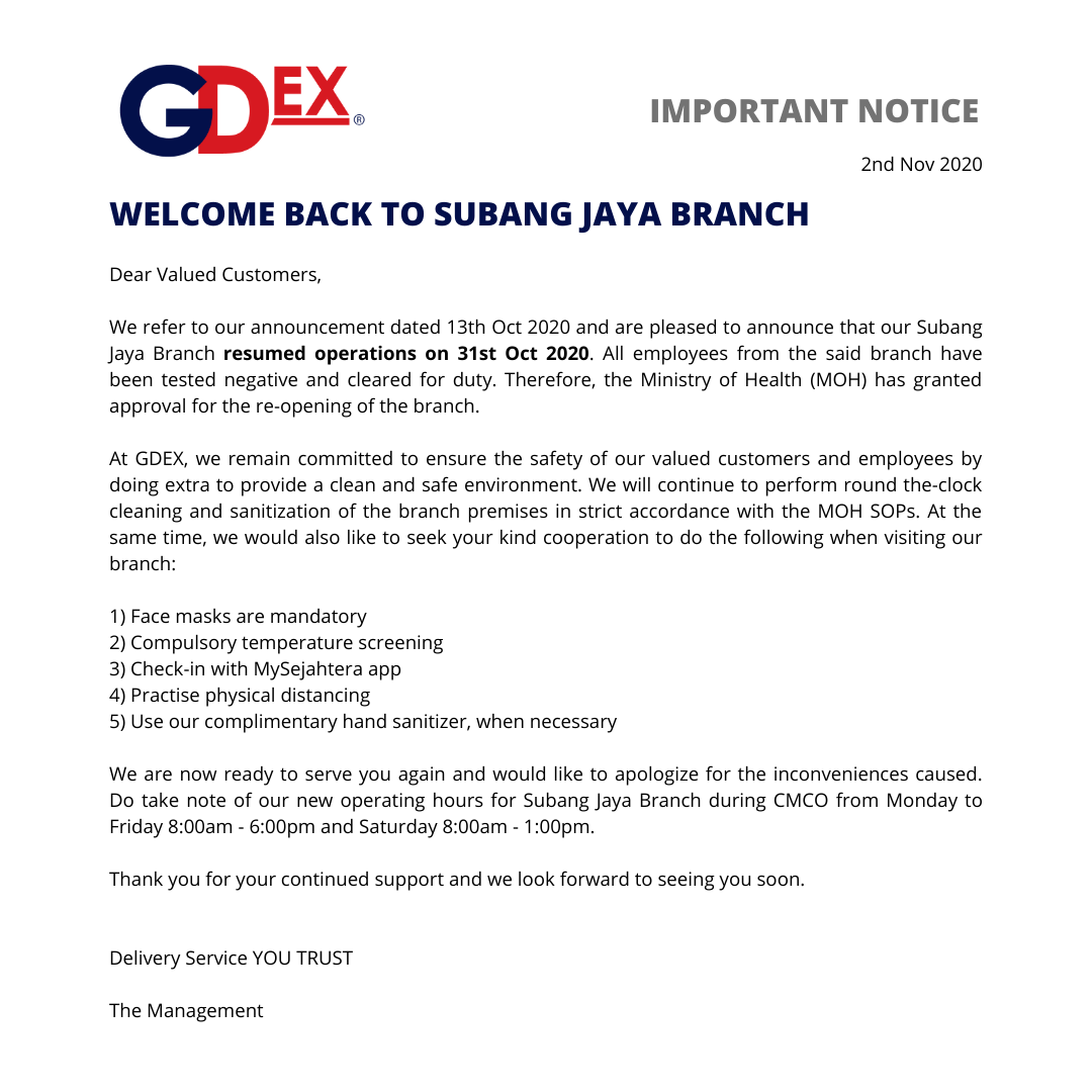 Dear Valued Customers This Notice Gd Express Sdn Bhd Facebook