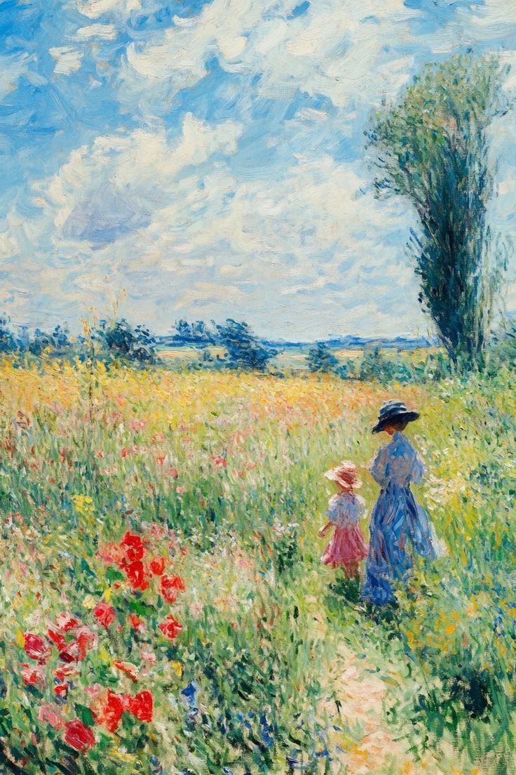 Impressionist painting of woman in flower field