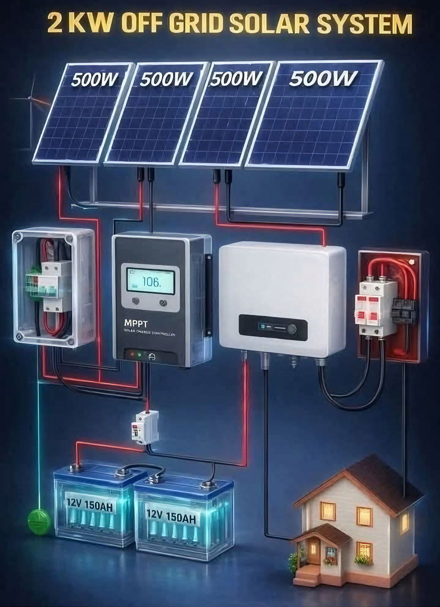 Sistema Solar Aislado (Off-Grid) de 2 kW muestra un sistema de