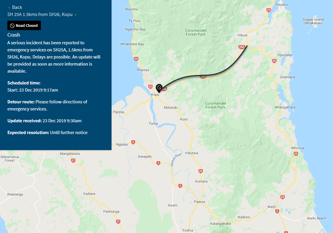 NZ - SH25A KOPU-HIKUAI RD – SERIOUS CRASH – FINAL UPDATE 1:25PM SH25A ...
