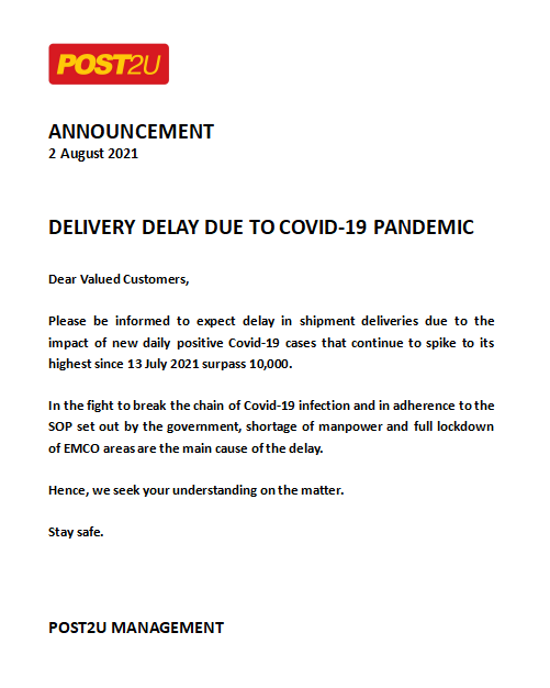 Post2u - Expect delay in shipment delivery due to Covid-19...
