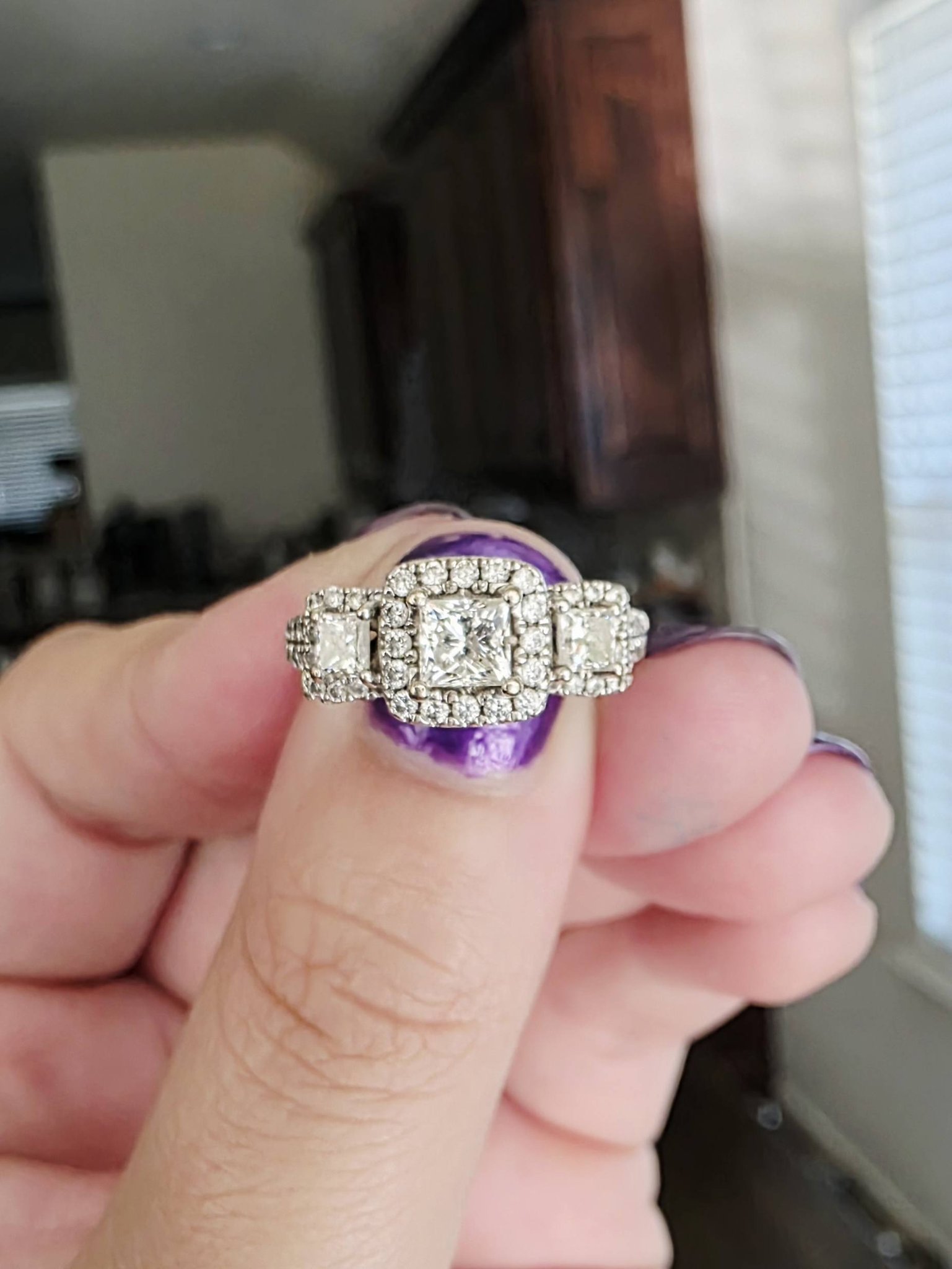 Ladies 18k/14kt white gold cushion halo wedding set. The ring is 