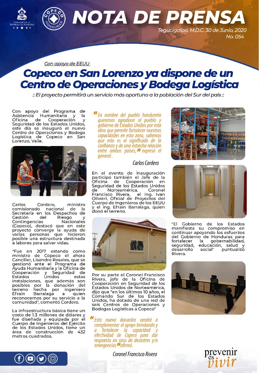 COPECO - Con apoyo de EEUU: #Copeco en San Lorenzo ya...