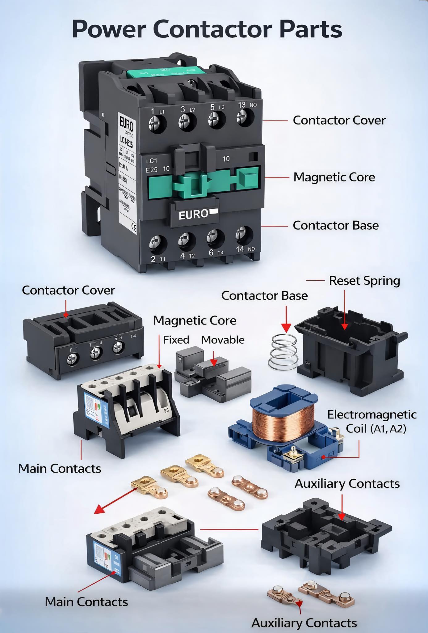 Electrician | Componentes de un contactor eléctrico de potencia, pieza ...