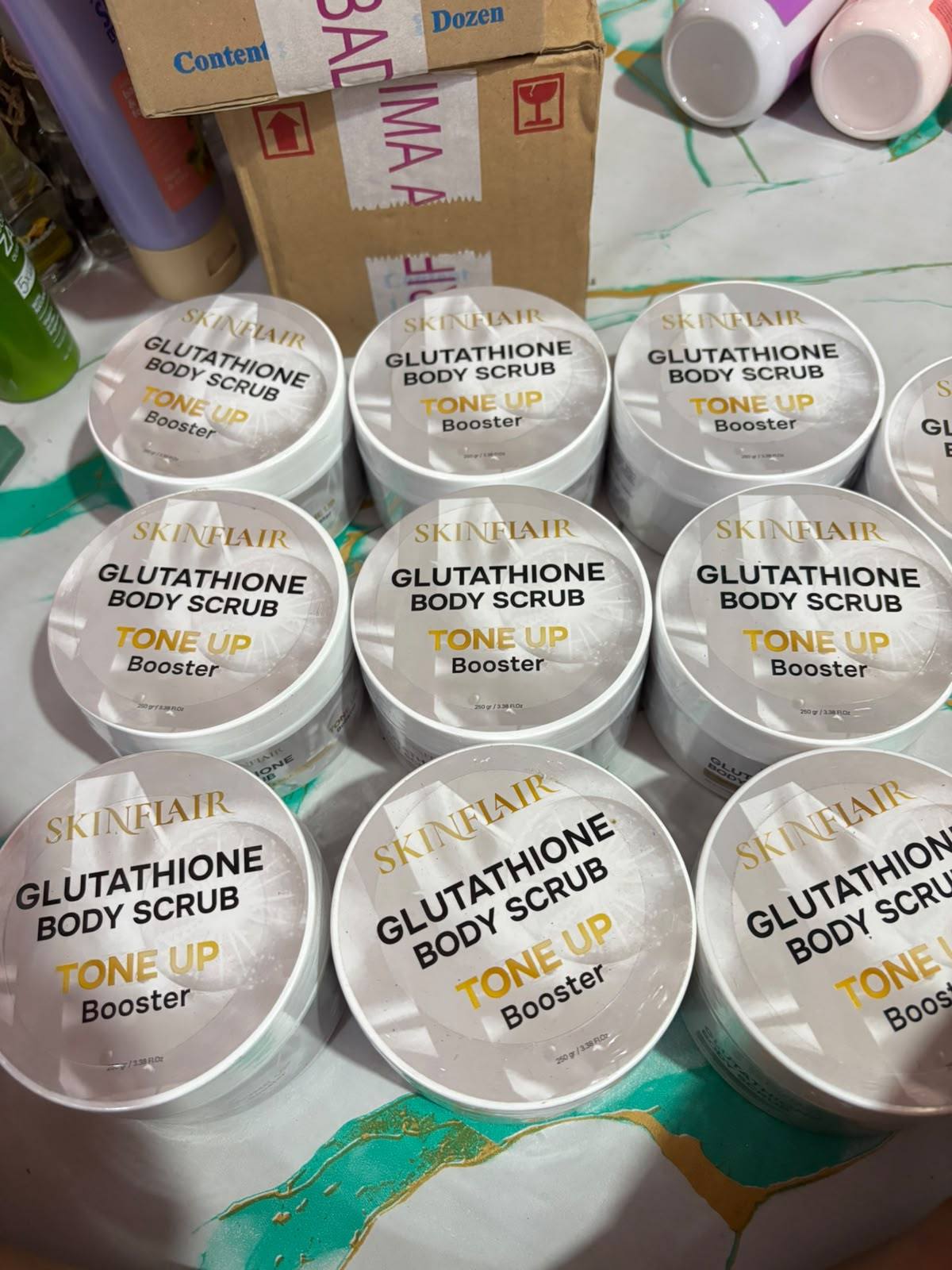 glutathione body scrub tone up booster 🤍Skinflair Booster🤍 scrub pencerah kulit yang bisa mencerahkan kulit secara maksimal karen memiliki kandungan Tone Up Booster🤍 dengan ingredients pencerah Glutathione, Niacinamide, Vitamin C yang efektif mencerahkan Vitamin and Supplements
