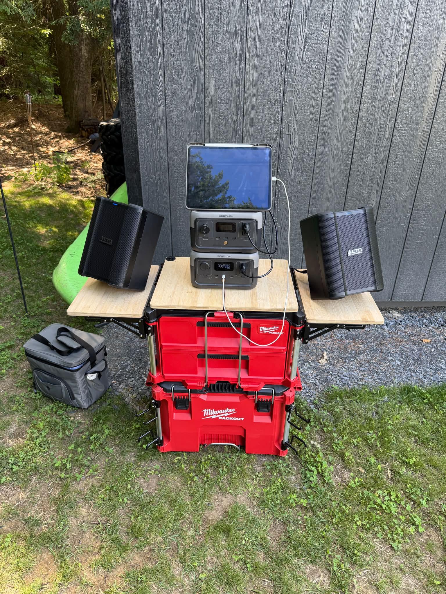 DJ setup using Milwaukee Packout toolbox outdoors