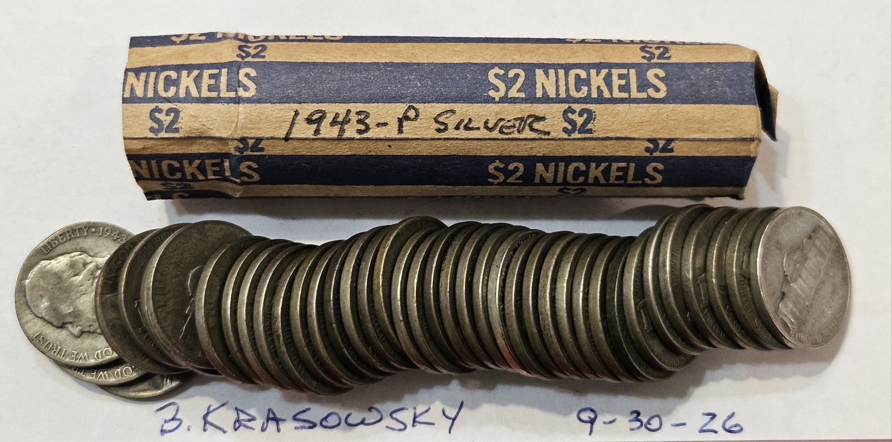 1943-P 35% Silver Jefferson Nickels Auction - 40 Piece Roll