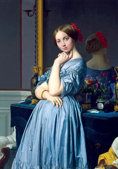 Jean Auguste Dominique Ingres **( 1851-53 ) painted the shiny satin fabric of the blue dress in such a hyper-realistic manner that you can easily imagine its smooth touch. **Here, Joséphine-Éléonore-Marie-Pauline de