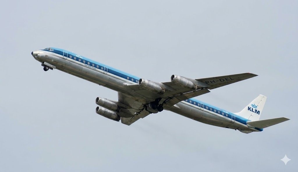 Postcard with color illustration depicting KLM Douglas DC-8 in
