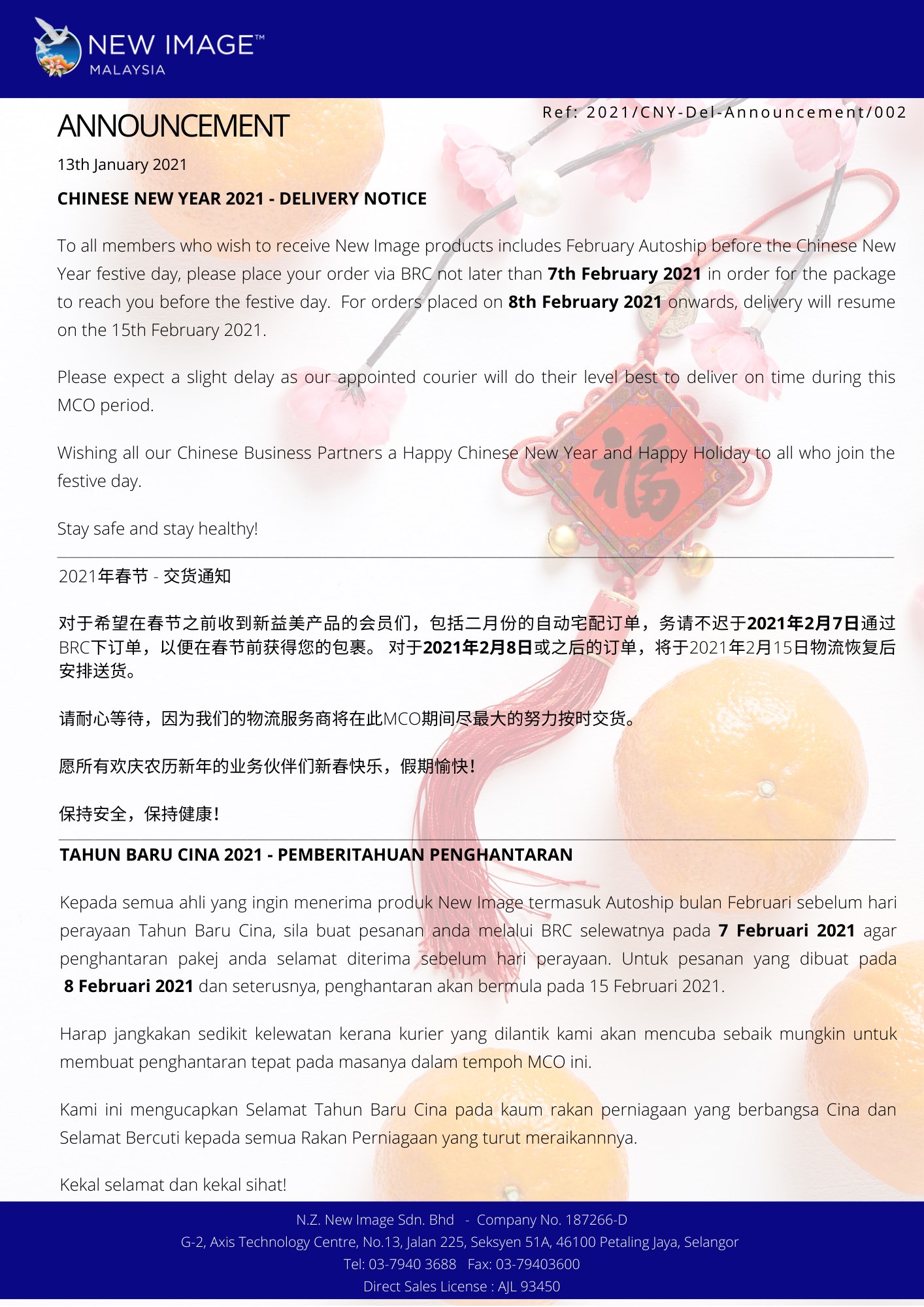 New Image Asia Malaysia Chinese New Year 2021 Delivery Notice To All Members Who Wish To Receive New Image Products Includes February Autoship Before The Chinese New Year Festive