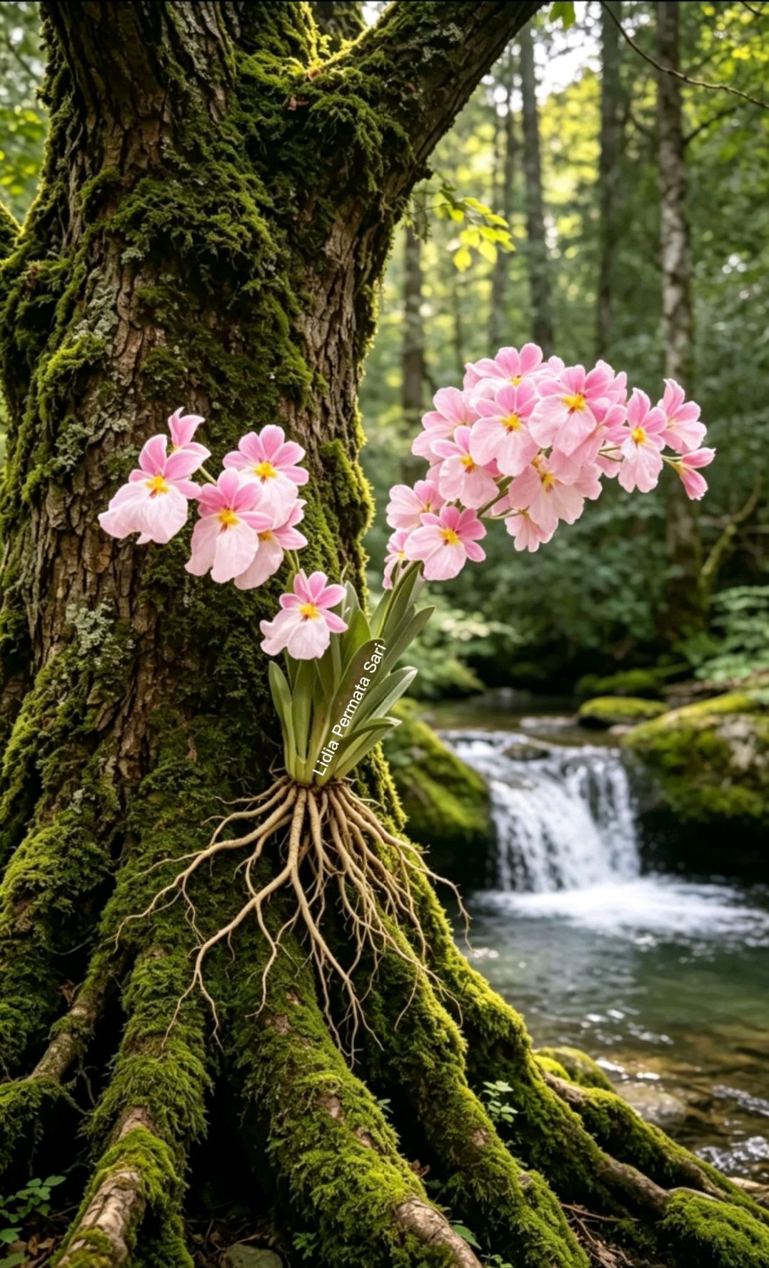 Pink orchids growing near a waterfall