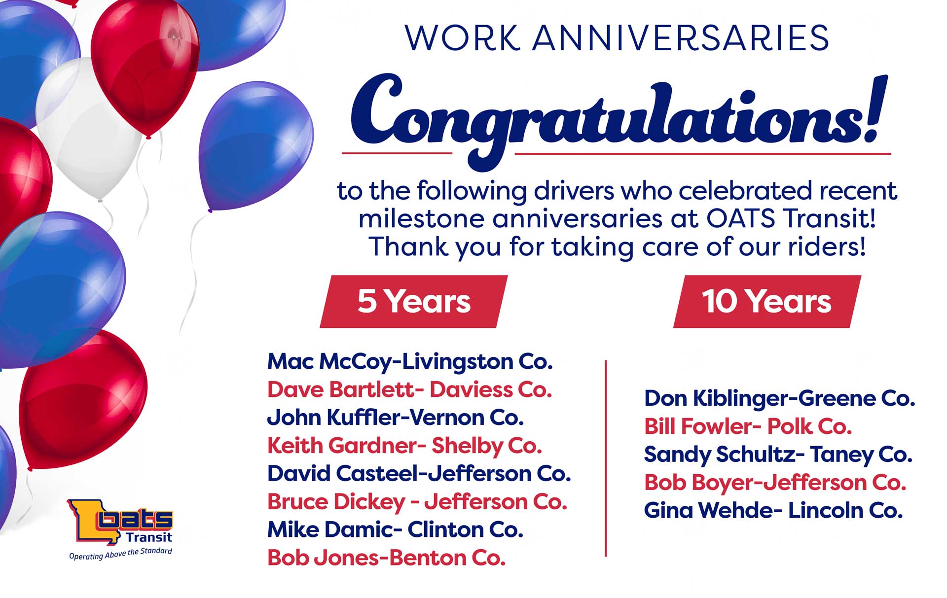OATS Transit - Happy work anniversary to some of our...