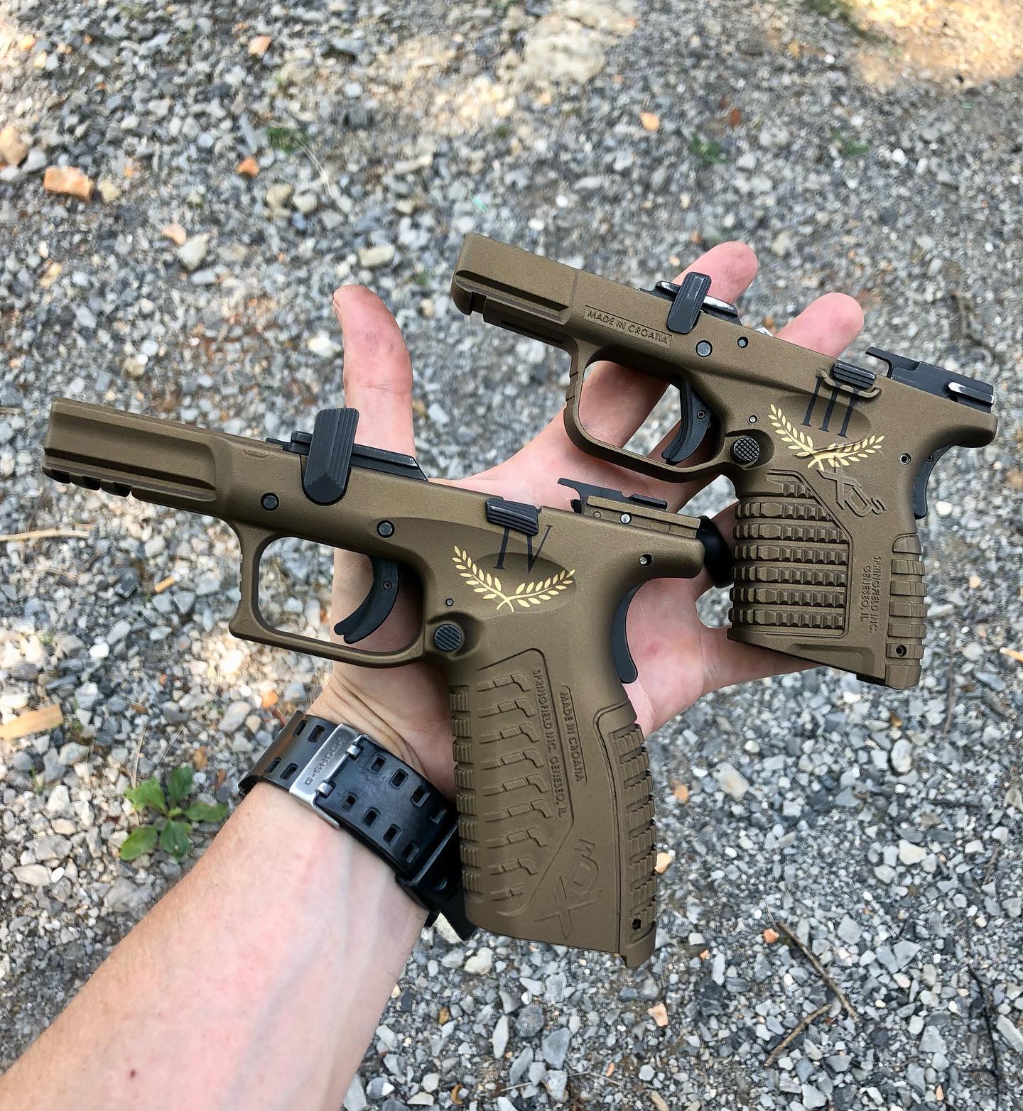 A Springfield XD9 4.5 in Burnt Bronze and Elite Blackout. A very
