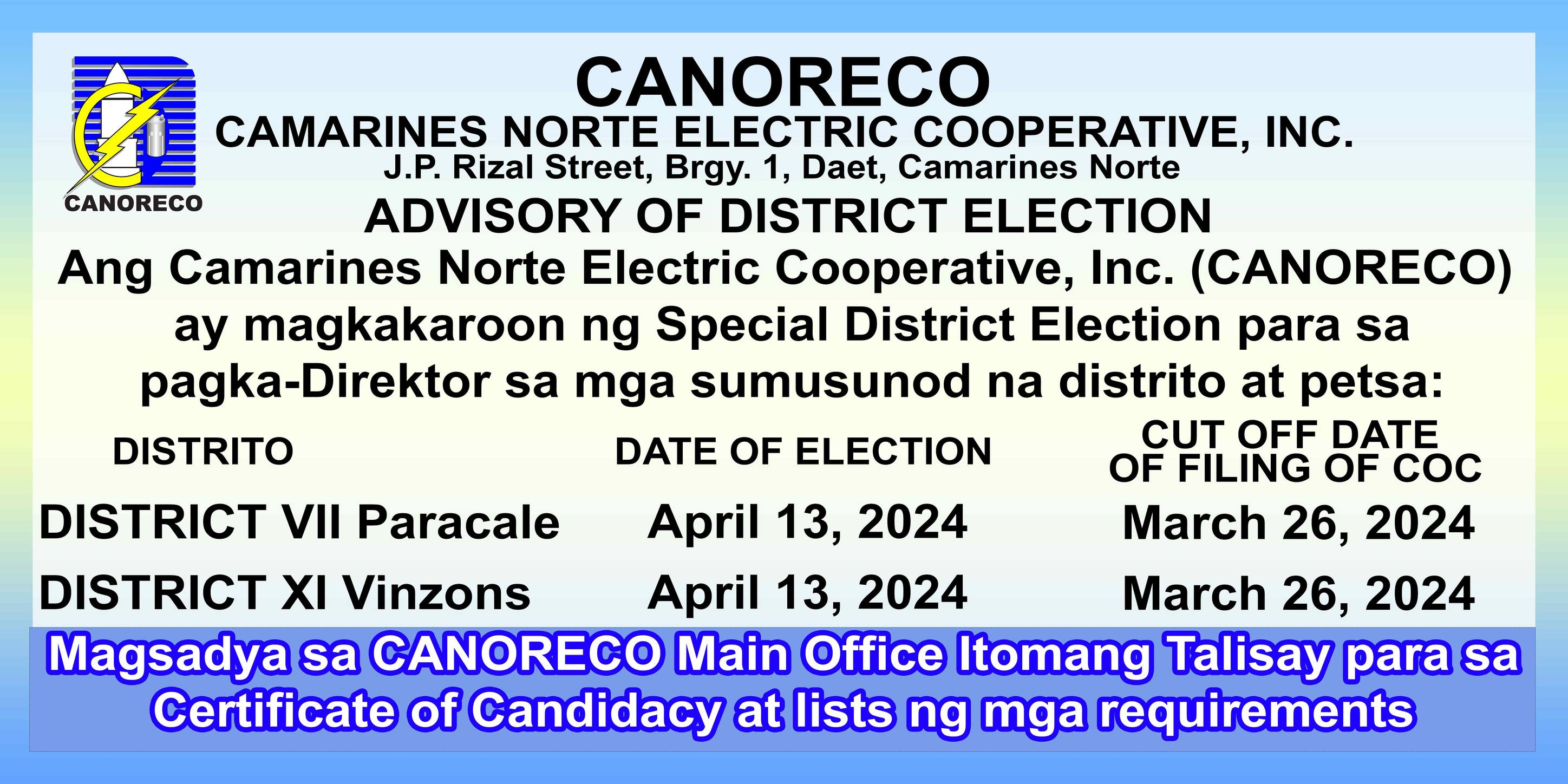 CANORECO - Para sa mga ka-MCO natin sa mga bayan ng... | Facebook