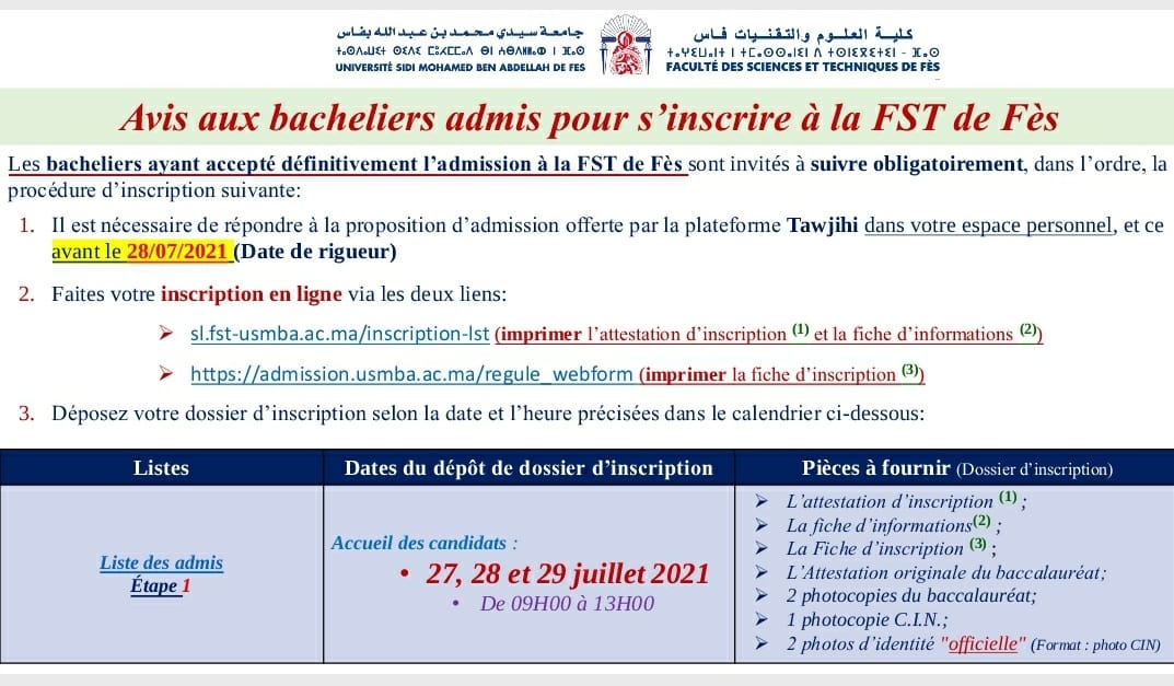 Avis aux... - Faculté des Sciences et Techniques de Fès FSTF | Facebook