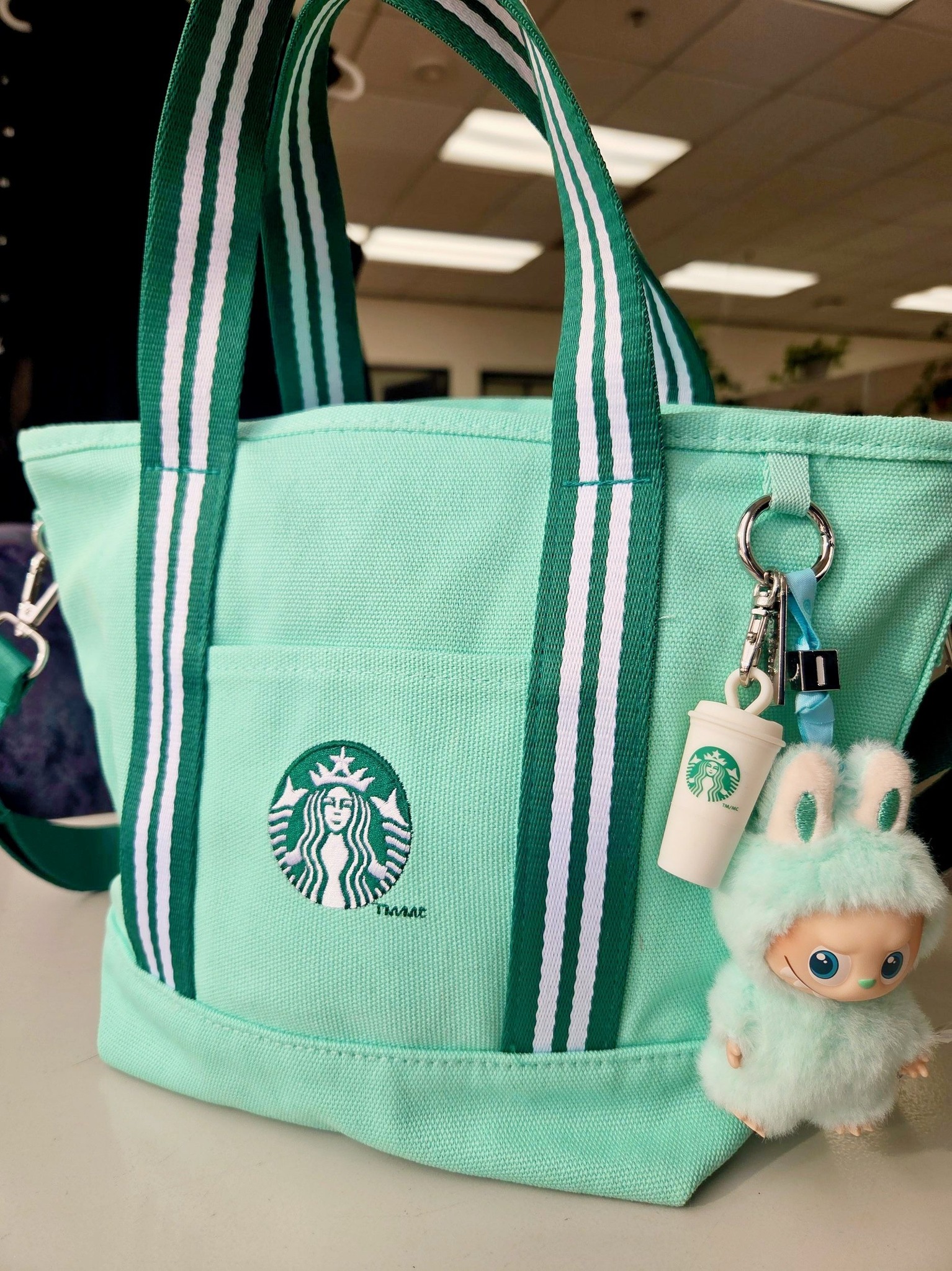 Starbucks Mint Canvas Tote with Dark Green and White Striped Handles