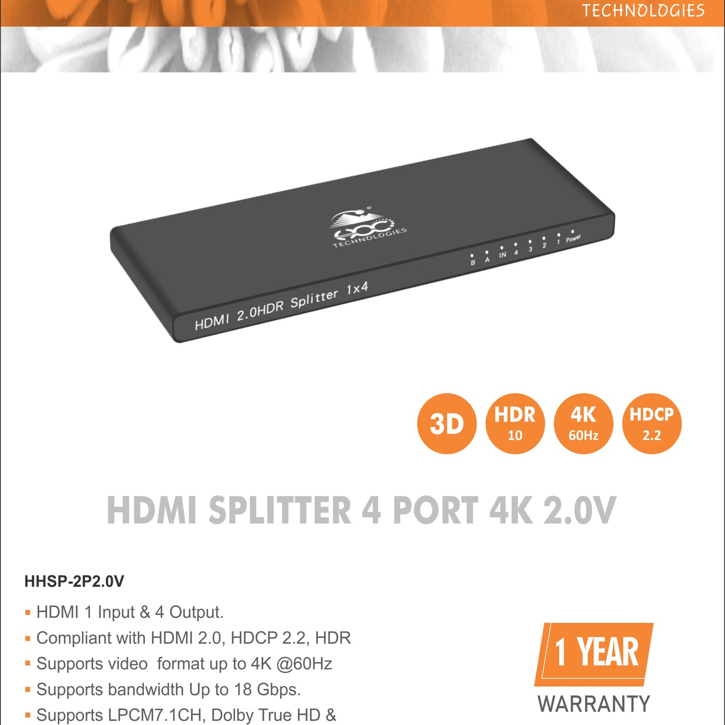 HOC - HOC HDMI SPLITTER 4 PORT 4K 2.0V HHSP-4P2.0V -HDMI 1 Input & 4 ...