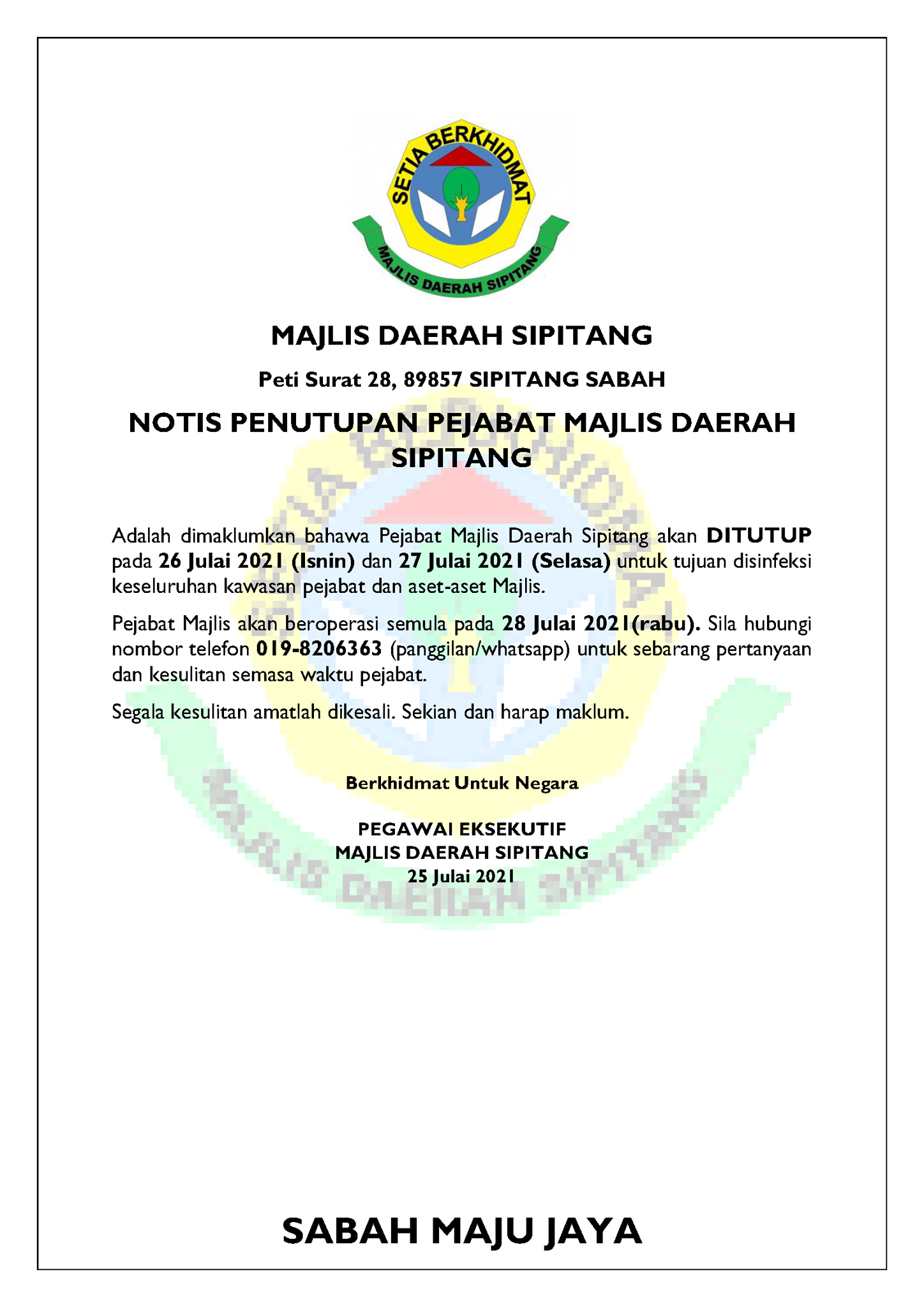 Notis Penutupan Pejabat Majlis Majlis Daerah Sipitang Facebook