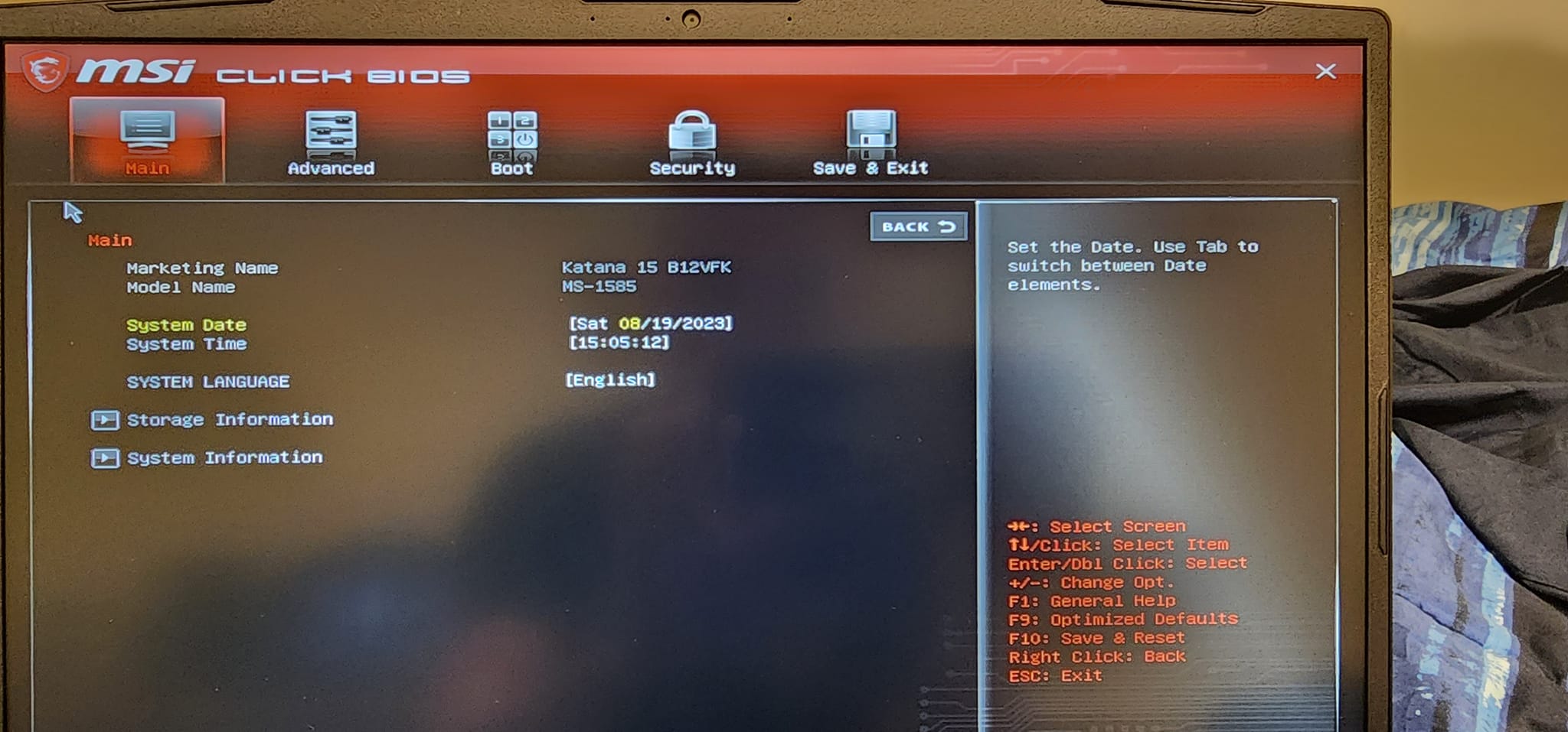 Msi Katana laptop boots to Click BIOS screen