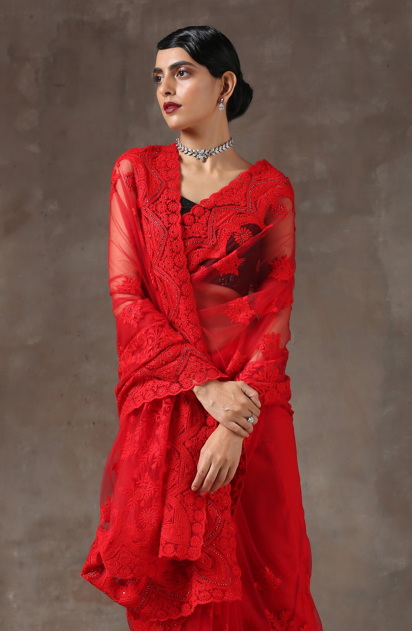 Swtantra - The Red Moulin Rouge Net Saree with Embroidery & Scalloping ...