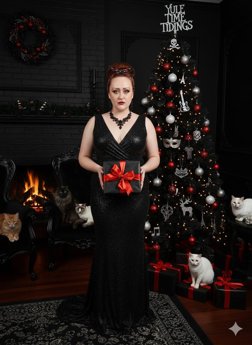 black dress christmas pictures Gothic masquerade photo with curvy woman in Sweater