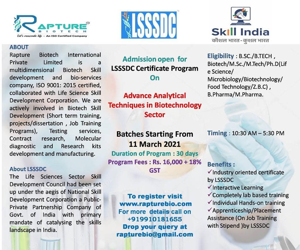 Rapture Biotech Group Hands On Laboratory Based Training Program In Collaboration With Lsssdc Nsdc Facebook