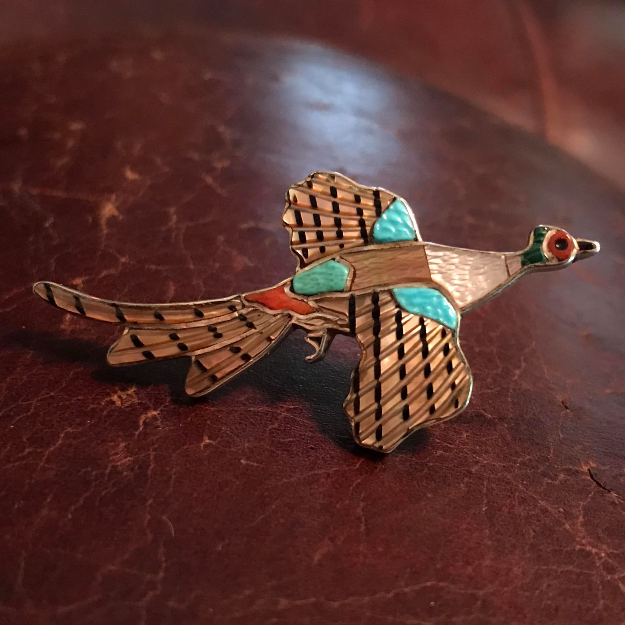 Zuni artist A Lonjose inlaid gold pin/pendant