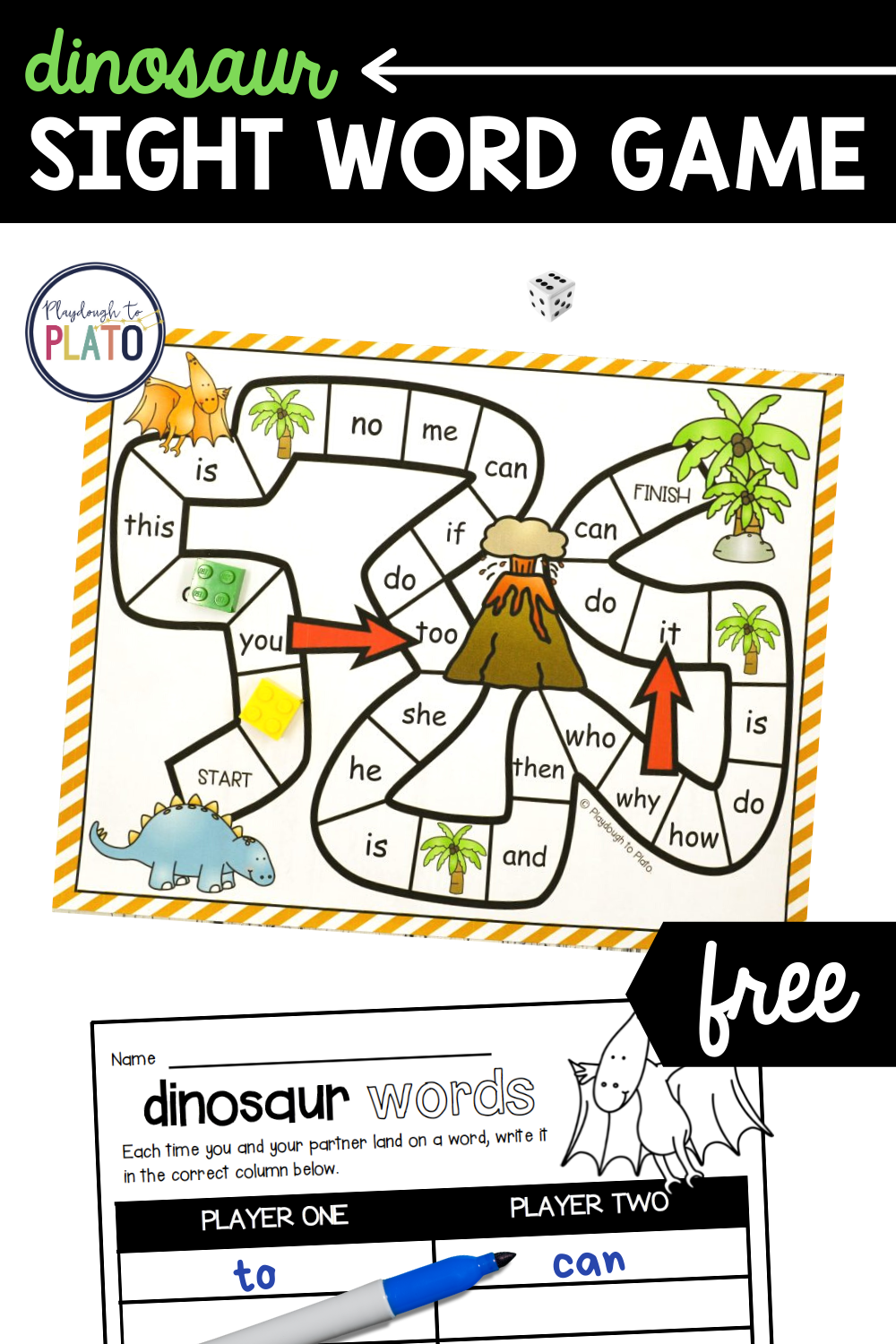 FREE Dinosaur Sight Word Game!... - Playdough to Plato | Facebook