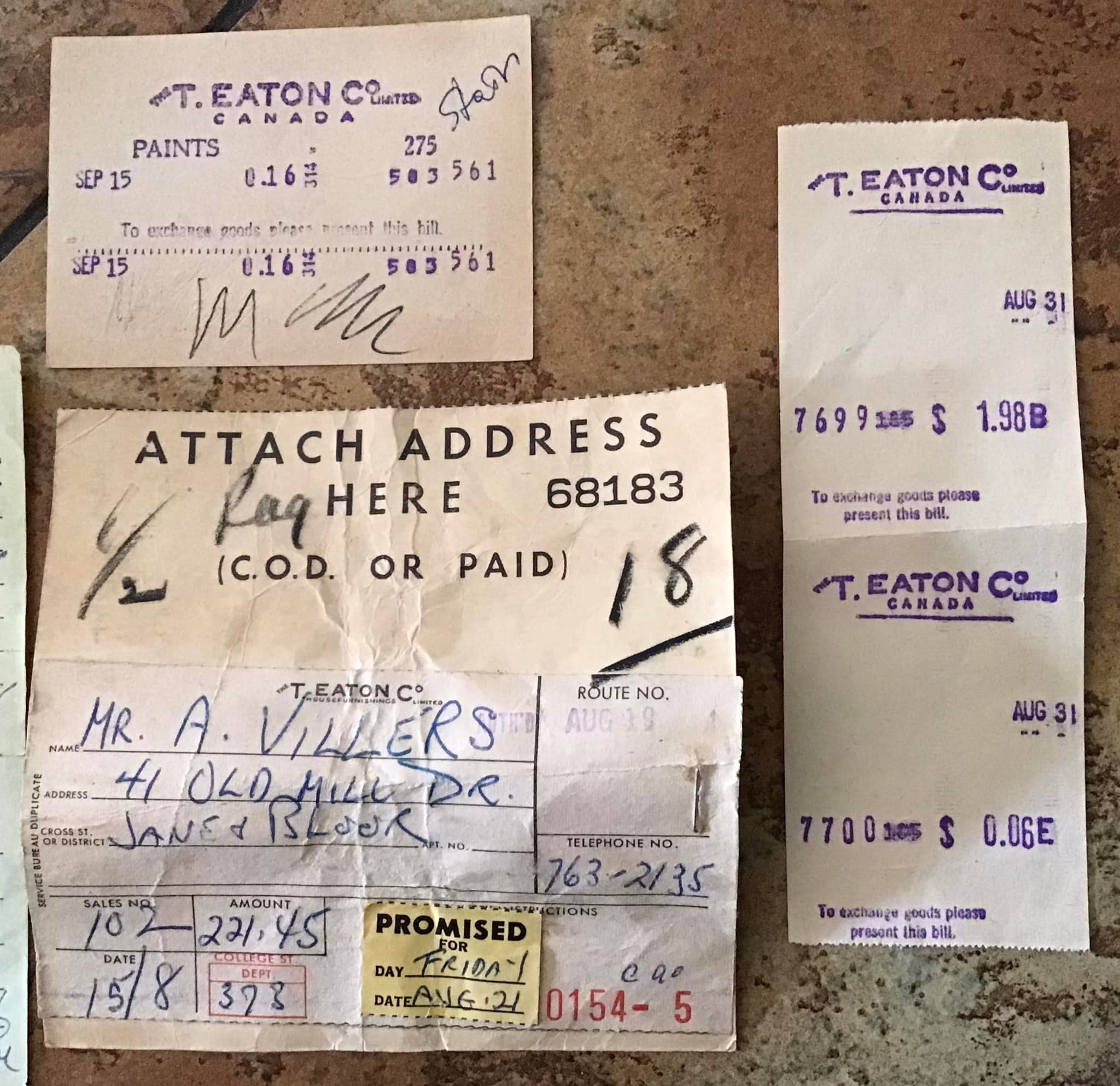 1960's customer receipts from the T.Eaton Co. Limited, Canada.